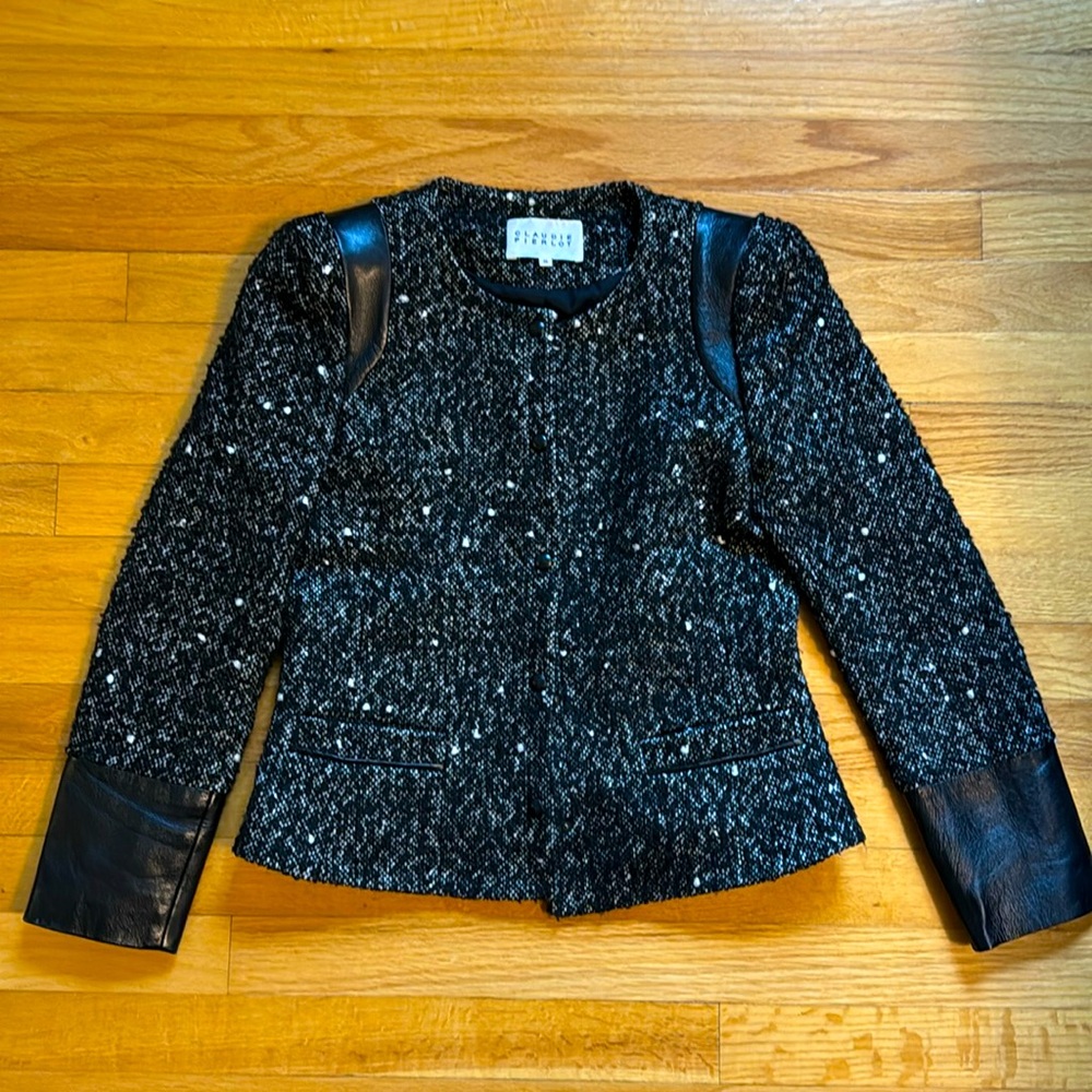 Claudie Pierlot blazer - black/white speckles/leather details - size 36 (France)